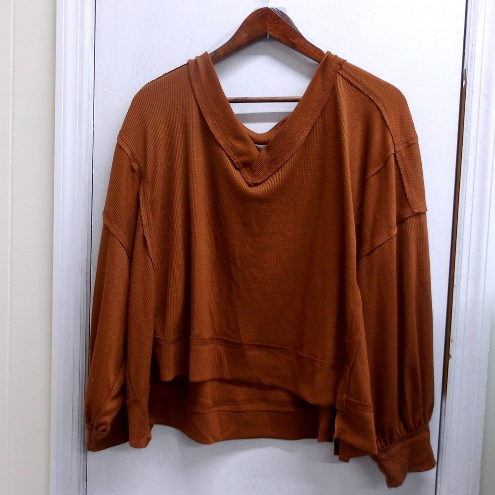 Ces Femme Oversized‎ Waffle Knit Top Rust Brown Balloon Sleeve S /#26140